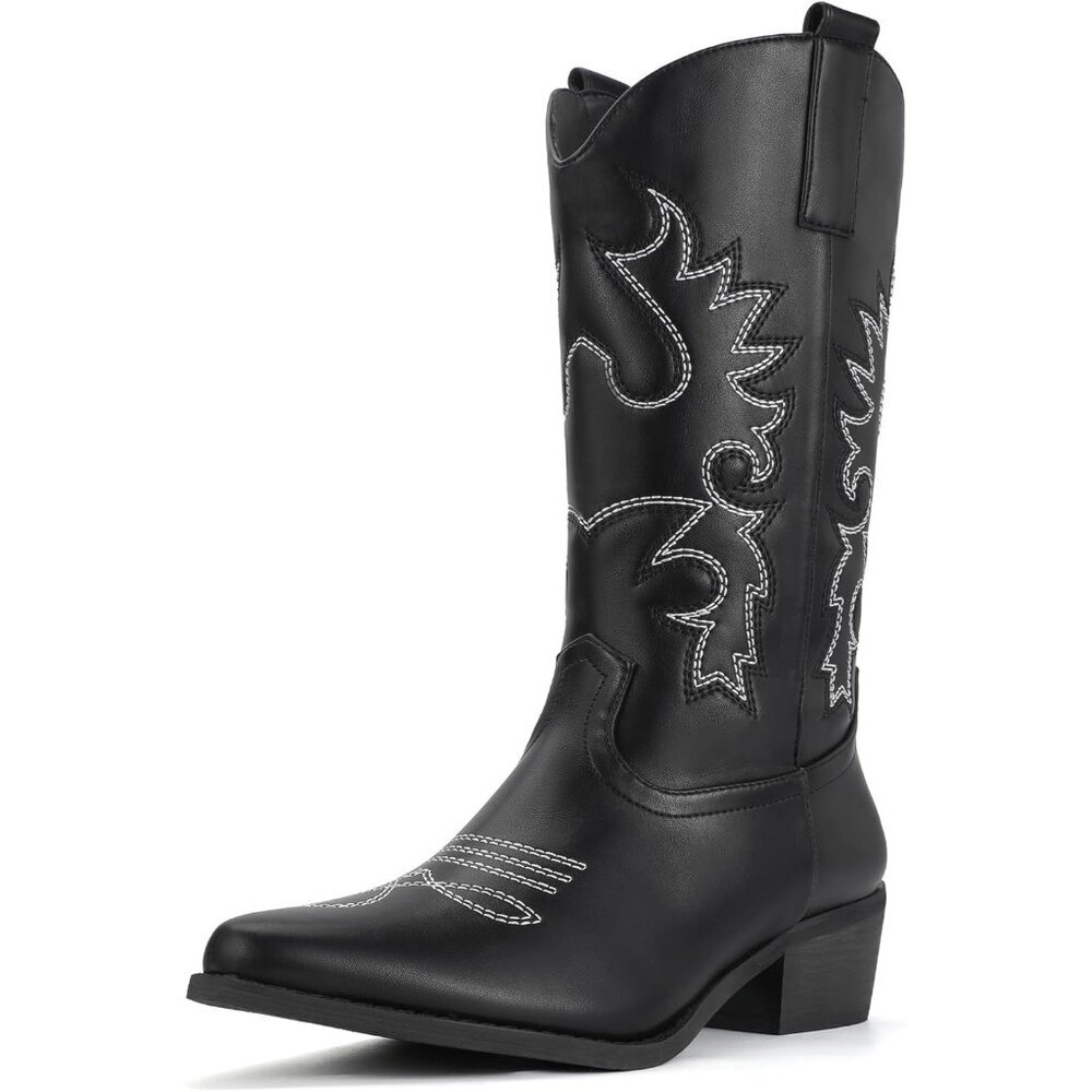Women's Black Cowgirl Boots Western Boots Mid Calf Embroidered Chunky Low Heel